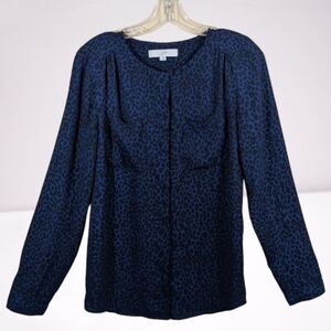 Loft Blouse Top Dark Navy Blue Black Leopard Print Button Up Long Sleeves